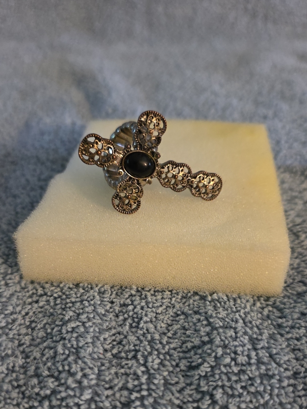 Silver-Tone Black Stone Cross Stretch Ring